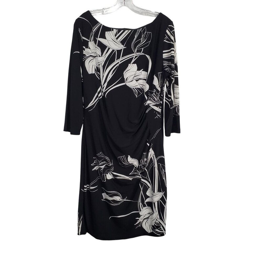 Anne Klein 16 Dress Floral Side Ruched Sheath Stretch Jersey Knee Length Elegant - Picture 2 of 12